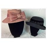 Two Vintage Women's Hats - Black Wool USA and Betmar New York Pink Straw