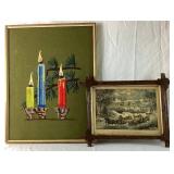 Vintage Currier & Ives 'Central Park in the Winter' Print and Candle Crewel Embroidery Artwork