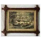 Vintage Currier & Ives 'Central Park in the Winter' Print and Candle Crewel Embroidery Artwork