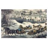 Vintage Currier & Ives 'Central Park in the Winter' Print and Candle Crewel Embroidery Artwork