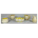 Black Mark Belleek Ribbon & Bow Open Sugar Dish, Limpet Creamers, Ivy Yellow Mini Pitcher and Scalloped Seashell Bowl