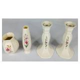 Belleek Ireland Country Trellis Pink Lily Candlestick Holders and Vases - Blue 8th Mark
