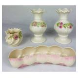 Vintage Irish Belleek Porcelain Bundle of Pink Candy Tray and Vases