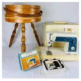 Vintage Singer Touch & Sew Special Zig-Zag Model 638, Singer Accessories Box plus Round Wood Barrel 3 Leg Vintage Sewing Box