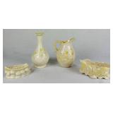 Belleek Bundle of Yellow Luster & Cream Lily of the Valley Plateau Bowl 5.5' W , 7' Grapevine Vase, Ivy & Berries Yellow Luster Pitcher 6' H and 4' Boat of Waves Salt Boat