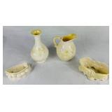 Belleek Bundle of Yellow Luster & Cream Lily of the Valley Plateau Bowl 5.5' W , 7' Grapevine Vase, Ivy & Berries Yellow Luster Pitcher 6' H and 4' Boat of Waves Salt Boat