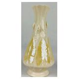 Belleek 7' and 10' Nile Polcelain Vases with Calla Lily and Leaf Motifs plus Cream Celtic Lace Embossed Vase