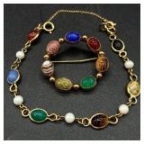 Henry Gorman Mid-Century Scarab Circle Brooch 1/20 12KT Gold Filled and Vintage Winard 12KT Gold Filled Scarab Bracelet