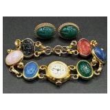 Vintage Majestime Eqyptian Scarabs Watch and Vintage Green Scarab Oval Gold Filled Twist On Earrings
