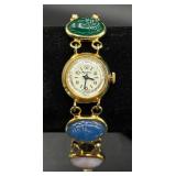 Vintage Majestime Eqyptian Scarabs Watch and Vintage Green Scarab Oval Gold Filled Twist On Earrings