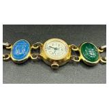 Vintage Majestime Eqyptian Scarabs Watch and Vintage Green Scarab Oval Gold Filled Twist On Earrings