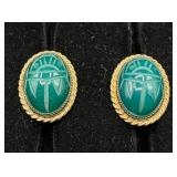 Vintage Majestime Eqyptian Scarabs Watch and Vintage Green Scarab Oval Gold Filled Twist On Earrings
