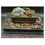 Vintage Cloisonne, Glass Beaded and Enamel Bracelets plus Two Jewelry Boxes