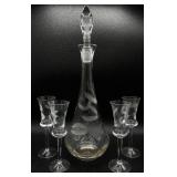 Vintage Etched Crystal Decanter and Set of 4 Flute Glasses