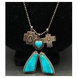 Turquoise &  Sterling Silver Clip On Earrings and Sterling Necklace with Charms