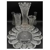 Hobnail Glass Deviled Egg Platter and 5 Vintage Vases