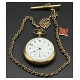 Classic Vintage Burlington 16 Size Pocket Watch with Gold Filled Case, Brass Chain, Knights of Columbus Pendant with Skull & Bones and AEEI American Insutute of Electrical Engineers Charm