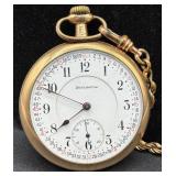 Classic Vintage Burlington 16 Size Pocket Watch with Gold Filled Case, Brass Chain, Knights of Columbus Pendant with Skull & Bones and AEEI American Insutute of Electrical Engineers Charm