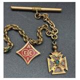 Classic Vintage Burlington 16 Size Pocket Watch with Gold Filled Case, Brass Chain, Knights of Columbus Pendant with Skull & Bones and AEEI American Insutute of Electrical Engineers Charm