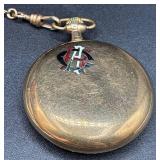 Classic Vintage Burlington 16 Size Pocket Watch with Gold Filled Case, Brass Chain, Knights of Columbus Pendant with Skull & Bones and AEEI American Insutute of Electrical Engineers Charm