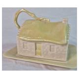 Vintage Belleek Porcelain Irish Cottage Butter/Cheese Dish, Lustre Flower Head 5' Dish & 6' Heart Shaped Leaf Dish