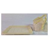 Vintage Belleek Porcelain Irish Cottage Butter/Cheese Dish, Lustre Flower Head 5' Dish & 6' Heart Shaped Leaf Dish