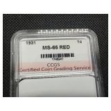 1931 Lincoln Cent CCGS MS65 RD - Greysheet Wholesale Value for an MS65 RB is $80