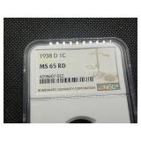 1938-D Lincoln Cent NGC MS65 RD - NGC Price Guide Value for an MS65 RD is $20