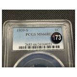 1939-S Lincoln Cent PCGS MS66 RD -  PCGS Price Guide Value for an MS66 RD is $42