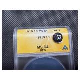 1919 Lincoln Cent ANACS MS64 RD - Greysheet Wholesale Value for an MS64 RD is $110