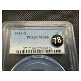 1943-S Steel Lincoln Cent PCGS MS66 - PCGS Price Guide Value for an MS66 is $70