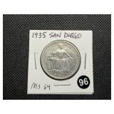 1935 San Diego Commemorative Silver Half Dollar Marked MS64 When Purchased - Greysheet Wholesale Price for an MS64 is $120