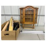 Wall Cabinet - Oak Curio Cabinet 23" W With Paper Towel Holder & Box of Misc Garage Items