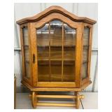 Wall Cabinet - Oak Curio Cabinet 23" W With Paper Towel Holder & Box of Misc Garage Items