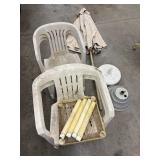 Patio Furniture Mixed Lot - 2 Plastic Chairs, Umbrella & Base Pieces