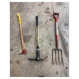 Garden Tools Mixed Lot - Collins Axe, Pick Mattock & Pitchfork