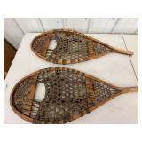 Snowshoes - Vintage Wooden Webbed Pair With Leather Bindings