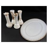 Anchor Hocking Milk Glass Platter & 4 Bud Vases