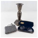 Ornate Candlestick, Eyeglasses & Case Mixed Lot