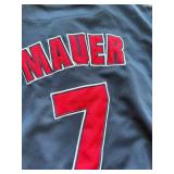 Joe Mauer Minnesota Twins baseball jersey dark blue with red lettering