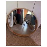 Large Round Wall Mirror Light Wood Frame Approx 35in Good Condition