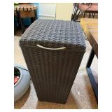 All Weather Wicker Trash Can Brown Lidded Resin Waste Bin 27in