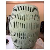 Green Metal Garden Stool Accent Table Slatted Barrel Form Good