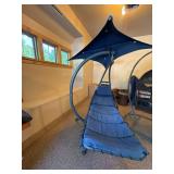 Hanging Patio Chaise Lounge Chair w Canopy Blue Cushion Steel Frame