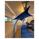 Hanging Patio Chaise Lounge Chair w Canopy Blue Cushion Steel Frame