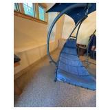 Hanging Patio Chaise Lounge Chair w Canopy Blue Cushion Steel Frame
