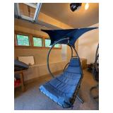 Hanging Patio Chaise Lounge Chair w Canopy Blue Cushion Steel Frame