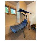 Hanging Patio Chaise Lounge Chair w Canopy Blue Cushion Steel Frame