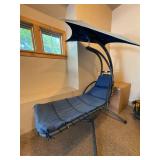 Hanging Patio Chaise Lounge Chair w Canopy Blue Cushion Steel Frame