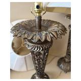 Pair Decorative Metal Scroll Table Lamps w Ivory Shades 23in Tall